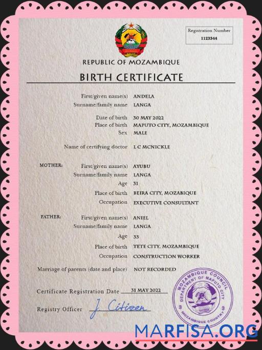 Downloadable Mozambique birth certificate PSD template